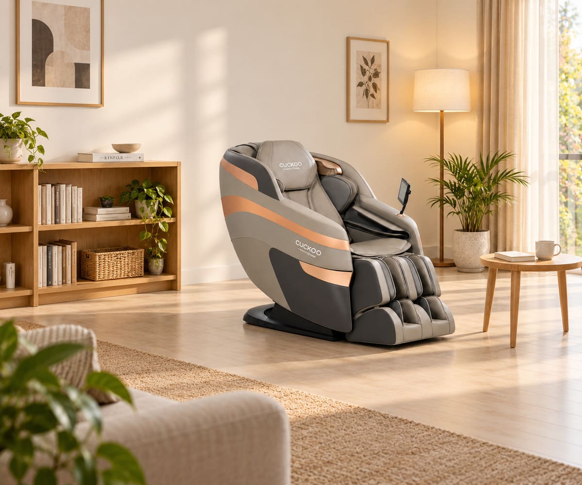 Illustration of CUCKOO BESPOKE 2 Massage Chair in a home relaxation corner
