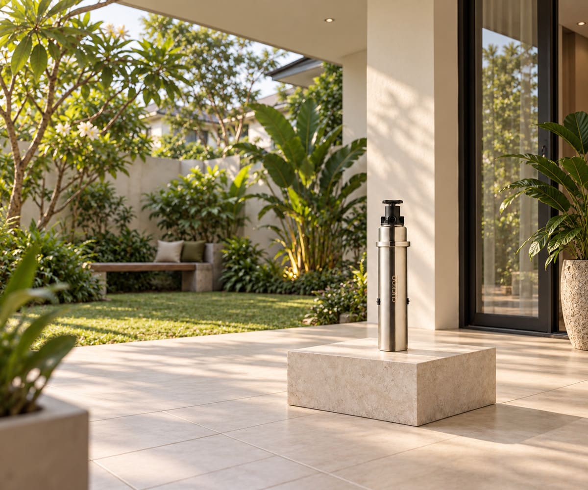 Illustration of CUCKOO PRIME X3 OUTDOOR displayed on a garden terrace