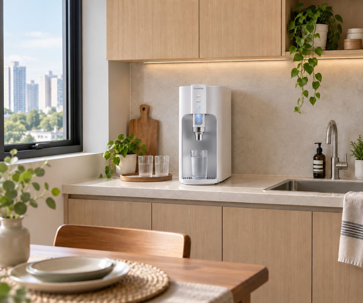 CUCKOO TITAN water purifier on a compact condo kitchen counter