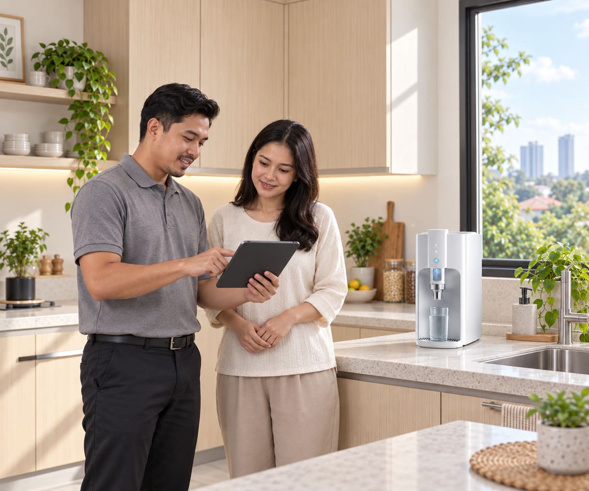 A technician and homeowner discussing water purifier care in a kitchen