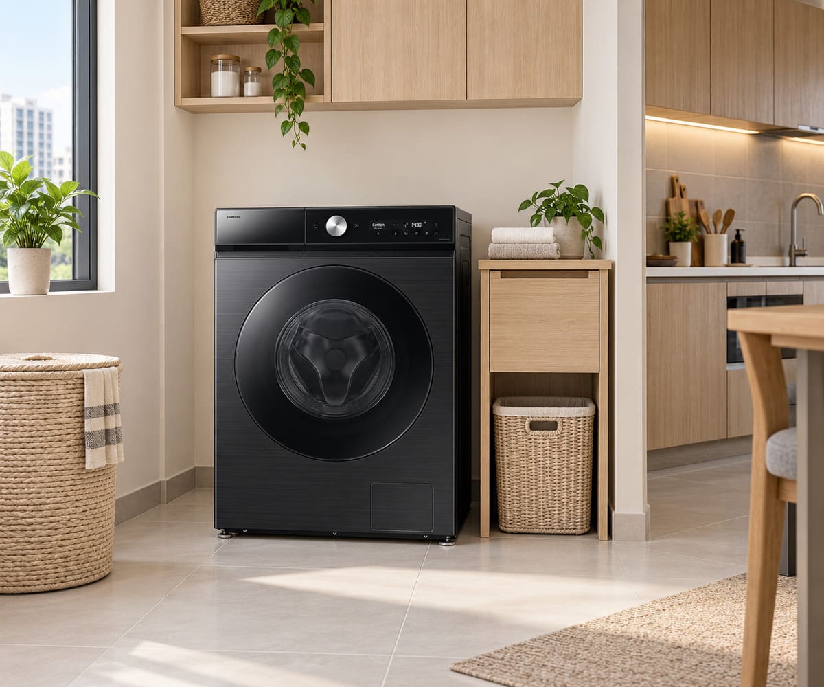 Illustration of Samsung Bespoke AI Laundry Combo AI Ecobubble 12/7kg in a condo laundry area