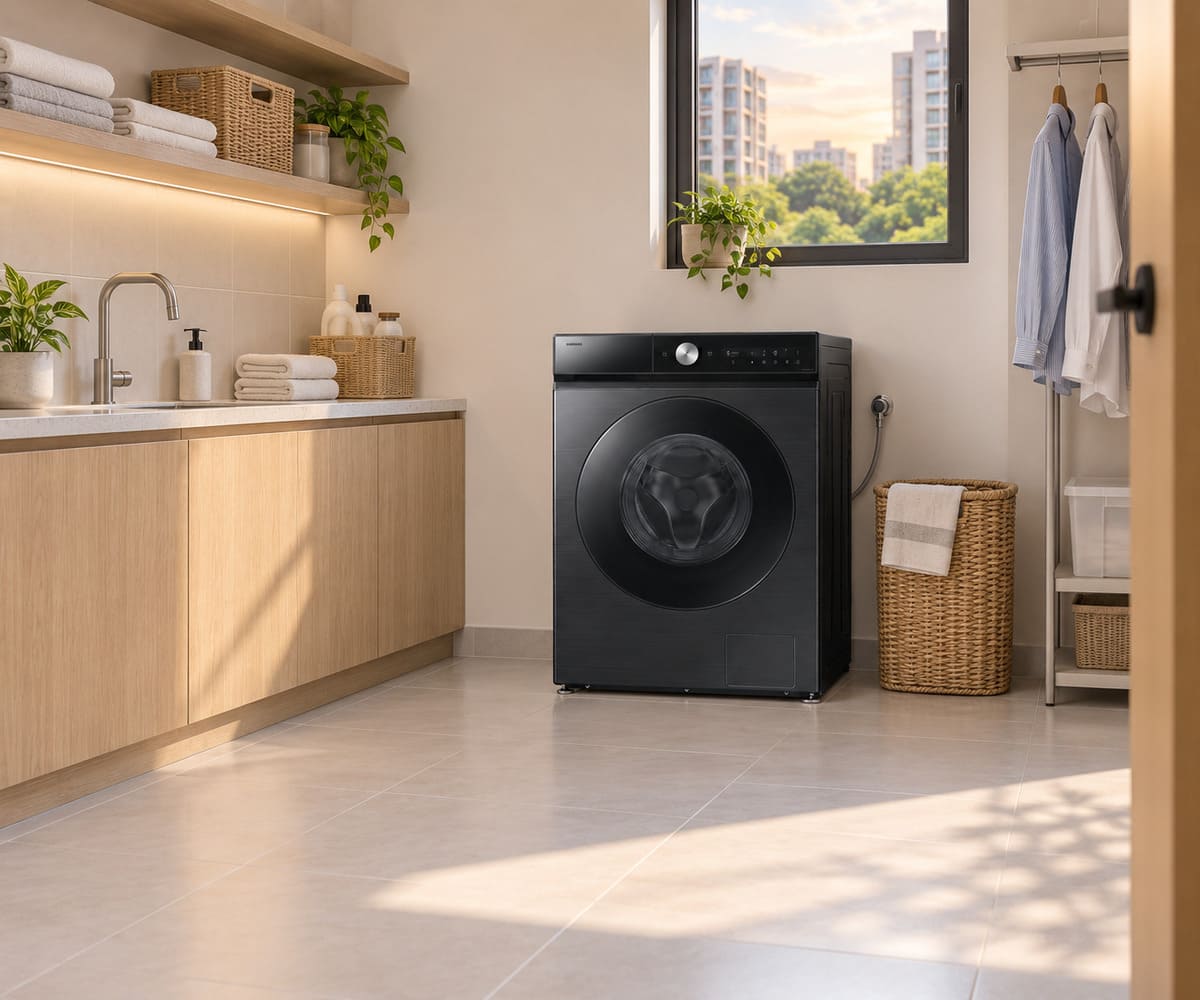Illustration of Samsung Bespoke AI Laundry Combo AI Ecobubble 12/7kg in a home laundry room
